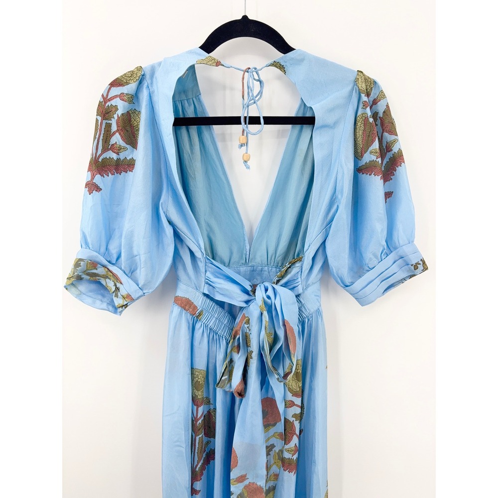 B43 Hannah Artwear Surya Floral Silk Maxi Dress Womens 1 US 6 Blue Puff Sleeve - Picture 8 of 15